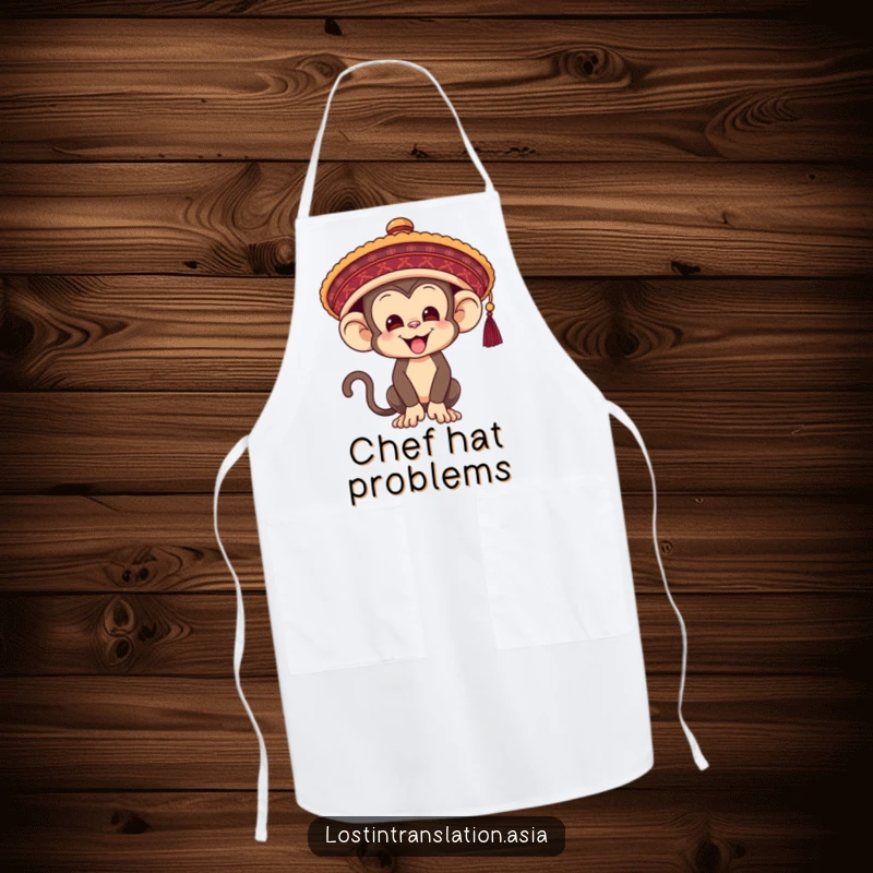 Funny Monkey Apron, hilariously trying to don an oversized hat, a humorous and practical addition for cooking fun.