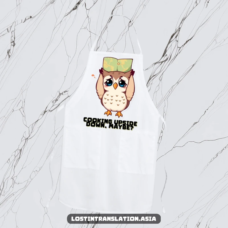 Funny owl apron, character looking at a map upside down while cooking, bewildered chef, funny gift.