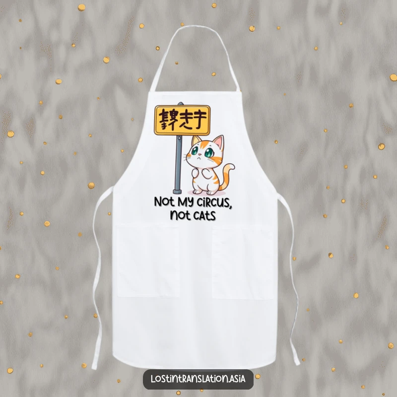 Funny cat apron, character startled by street sign while cooking, bewildered chef, funny gift.