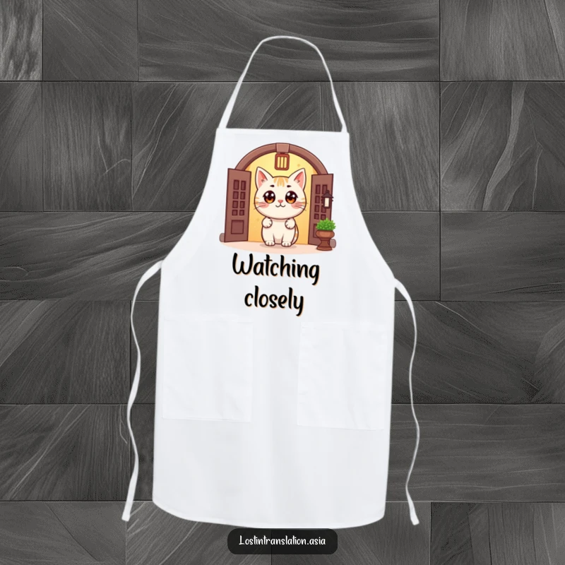 Funny Cat Doorway Apron displays a cheerful cat with big eyes peeking from a traditional doorway, perfect for adding a humorous and charming touch to cooking.