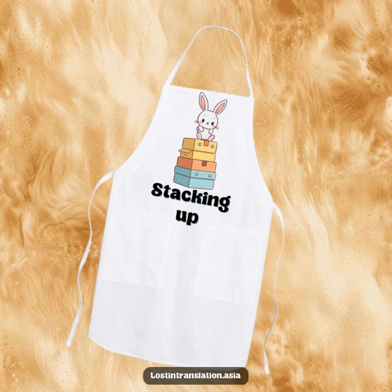 Funny rabbit in a precarious balancing act upon a stack of boxes, featured on a kitchen apron.