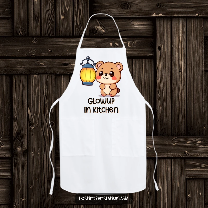 Funny small bear character with wide eyes tilting head at a vibrant lantern, a whimsical and practical apron.