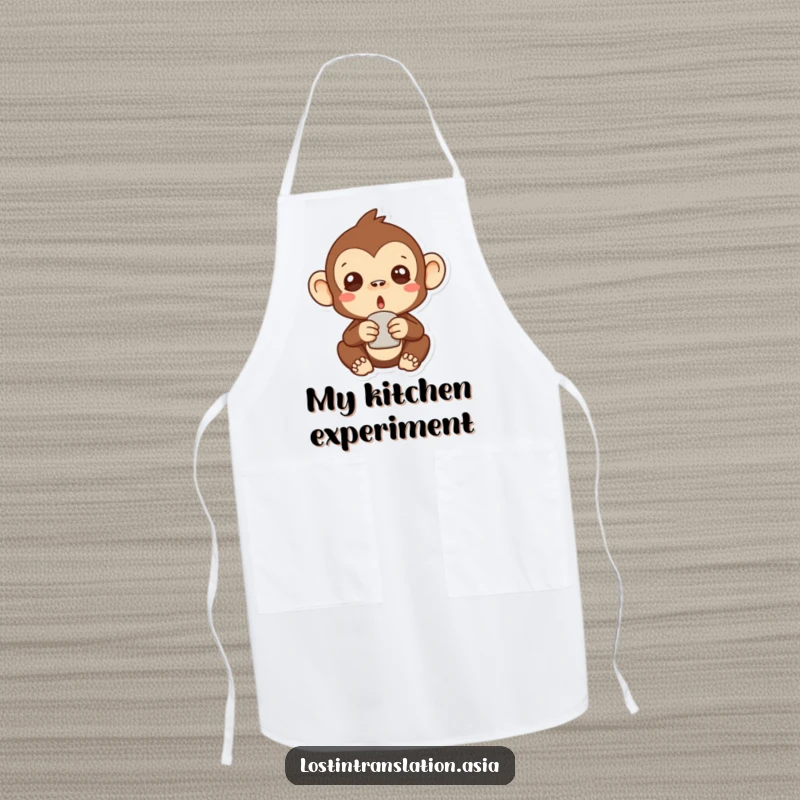 Funny surprised monkey apron featuring a stylized primate with a comical shocked expression while holding an odd item, perfect for cooking.