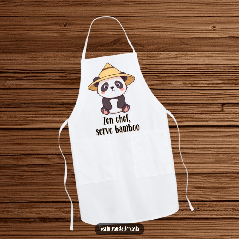 Funny panda apron, character wearing straw hat while cooking, curious chef, funny gift.