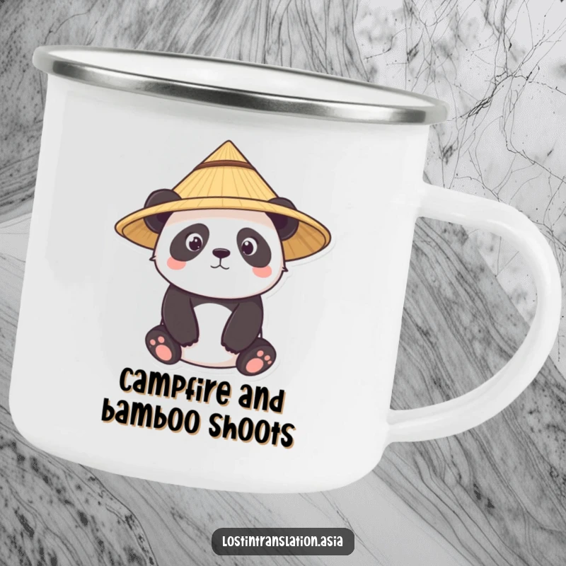 Funny panda camping mug, character wearing straw hat, curious, outdoorsy, funny gift.