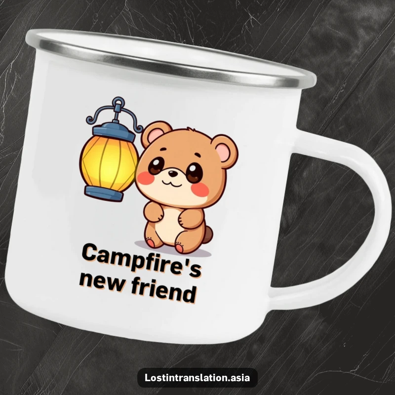 Funny small bear with wide eyes tilting its head at a vibrant lantern on a durable camping mug.