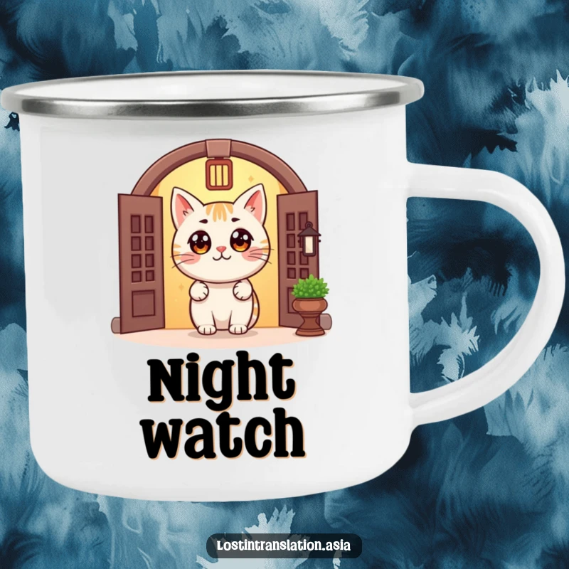 Funny Cat Doorway Camping Mug shows a cheerful cat with big eyes peeking from a traditional doorway, designed for outdoor adventures and adding charm.