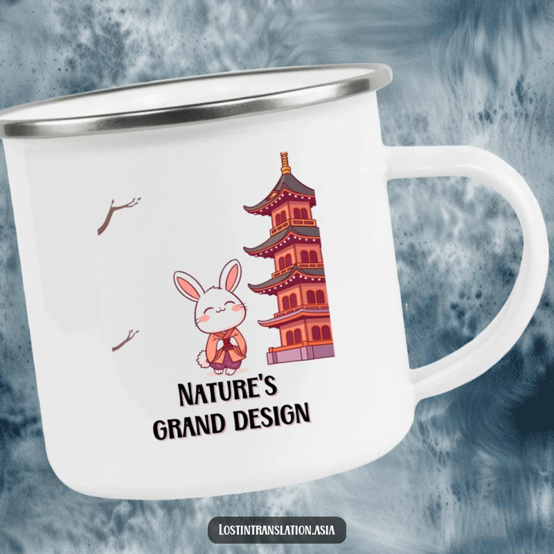 Funny rabbit in a kimono looking up at a stylized pagoda on a durable camping mug, perfect for outdoor enjoyment.
