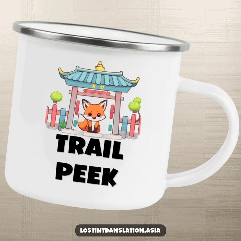 Funny fox peeking around a colorful temple gate, depicted on a durable camping mug.