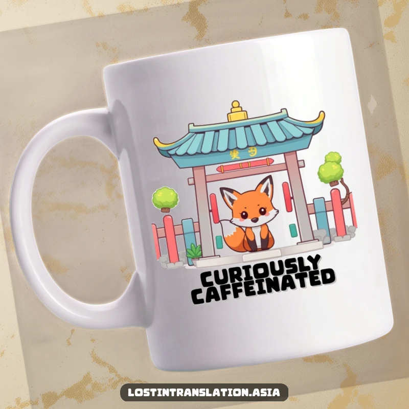 Funny fox with a mischievous grin peeking around a brightly colored, ornate temple gate on a mug.