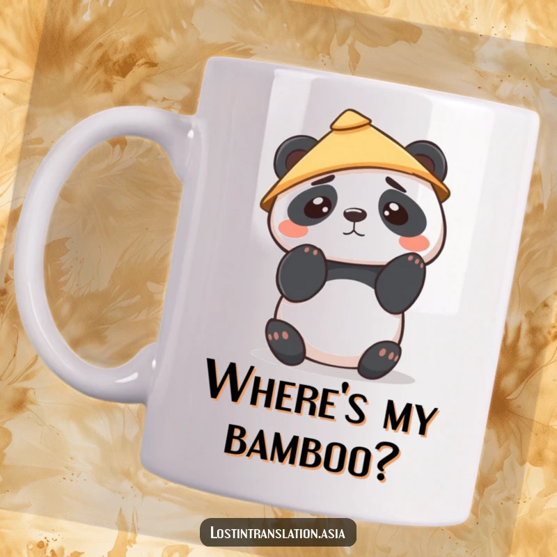 Funny Kawaii Panda Mug features a cute panda wearing a conical hat, looking around confusedly, evoking curiosity and gentle humor.