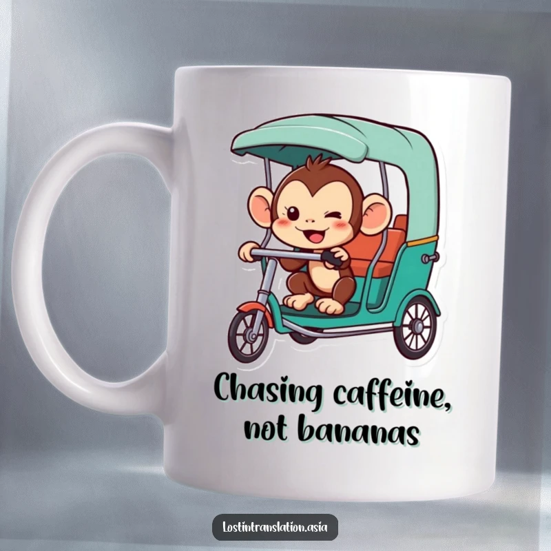 Funny monkey mug, character trying to hail a rickshaw, mischievous grin, urban adventure, funny gift.