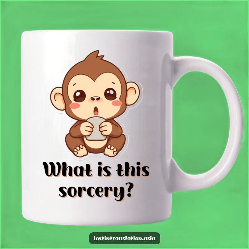 Funny Surprised Monkey Mug: A Hilarious Gift Featuring a Bewildered Primate and Mystery Object!
