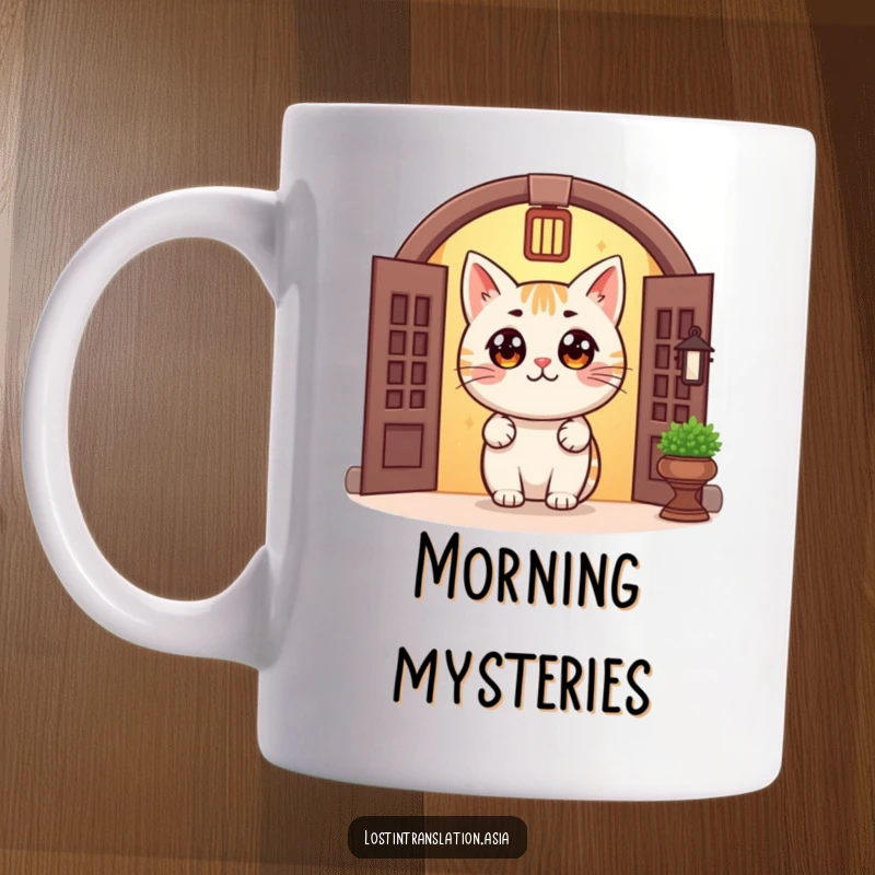 Funny Cat Doorway Mug features a cheerful, round cat with big eyes peeking from a dimly lit traditional doorway, evoking curiosity and warmth.