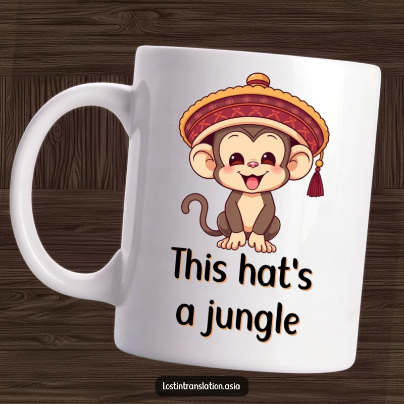 Funny Monkey Mug, comically trying to wear a giant traditional hat, showcasing a humorous fashion disaster and primate charm.