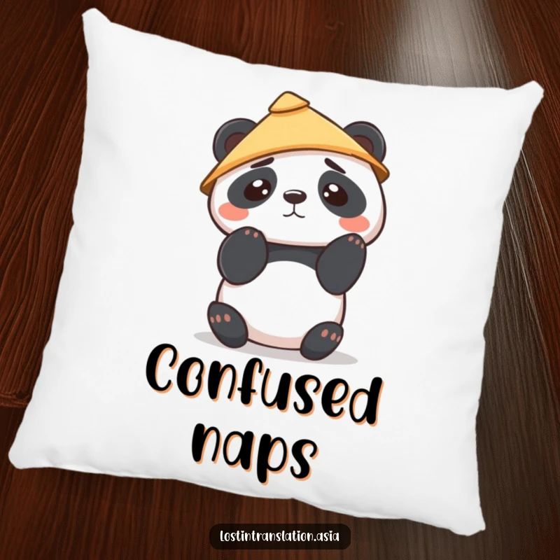 Funny Kawaii Panda Pillow showcases a cute panda in a hat, looking confused, offering plush comfort and undeniable adorable bewilderment.