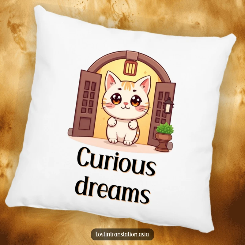 Funny Cat Doorway Pillow showcases a cheerful cat with big eyes peeking from a traditional doorway, offering plush comfort and cozy mystery.