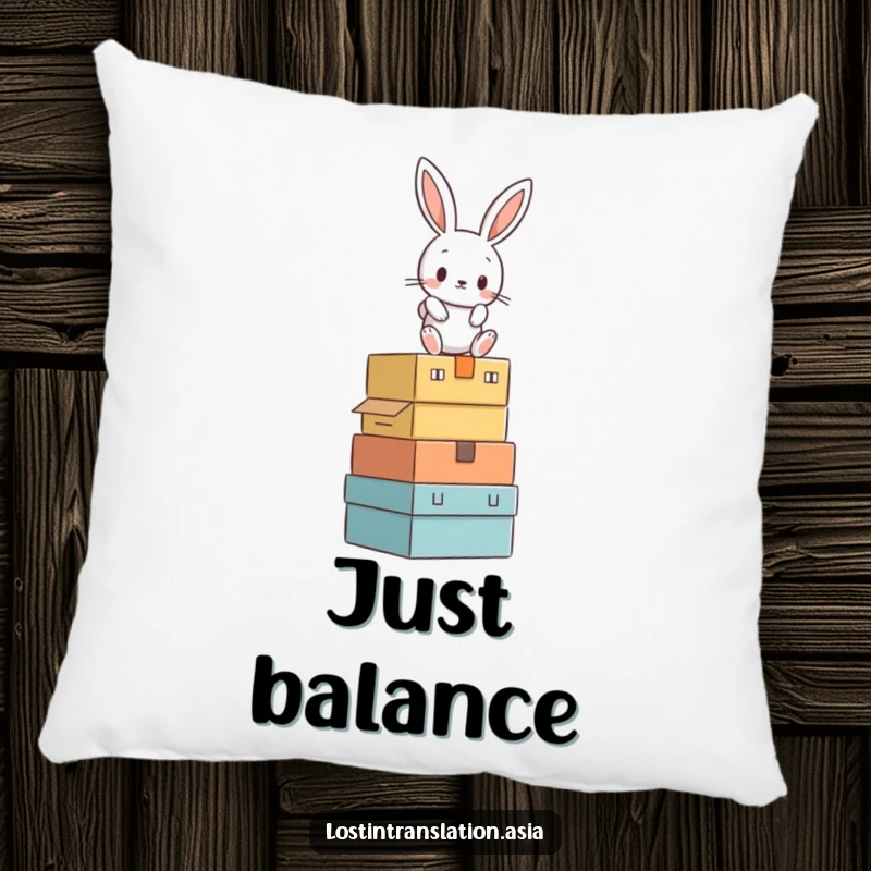 Funny rabbit attempting to balance on stacked boxes, presented on a soft and humorous decorative pillow.