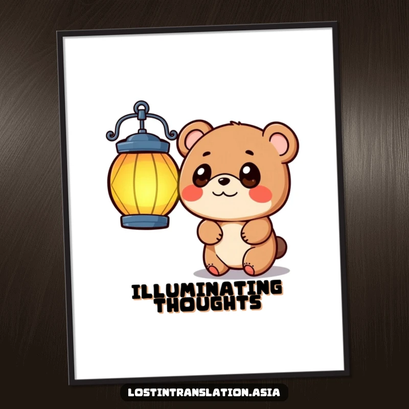 Funny small bear character with wide eyes tilting head at a vibrant lantern, whimsical and humorous digital art.