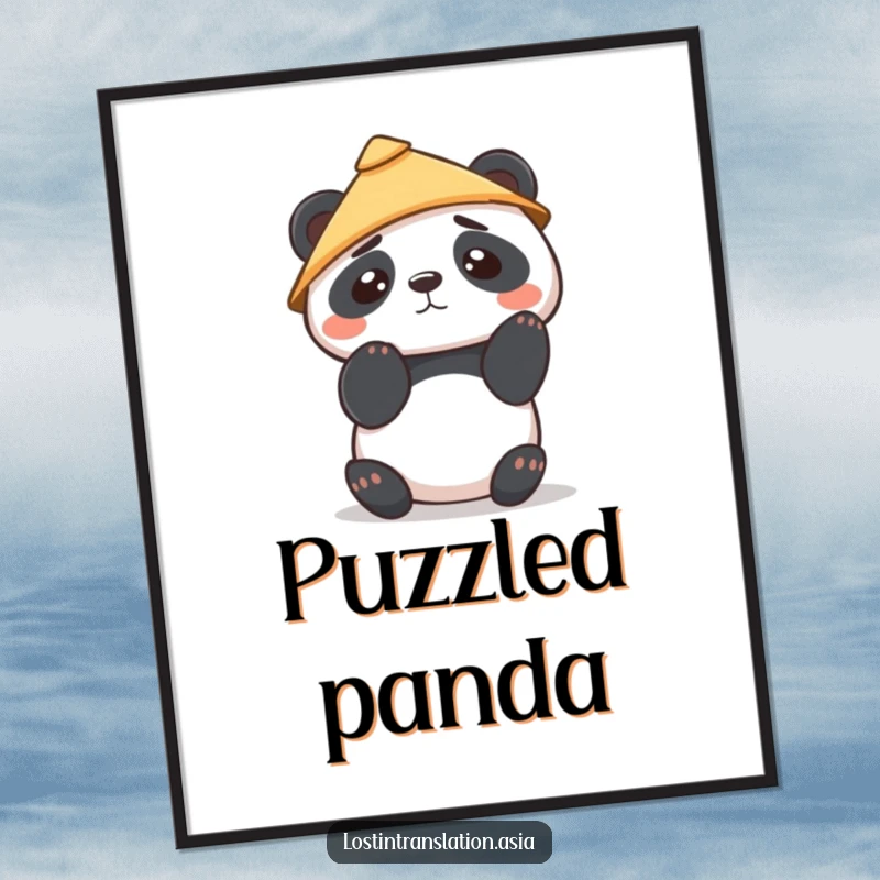 Funny Kawaii Panda Digital Art Print shows a cute panda wearing a hat, looking confused, offering an instant, whimsical, and charming decorative piece.