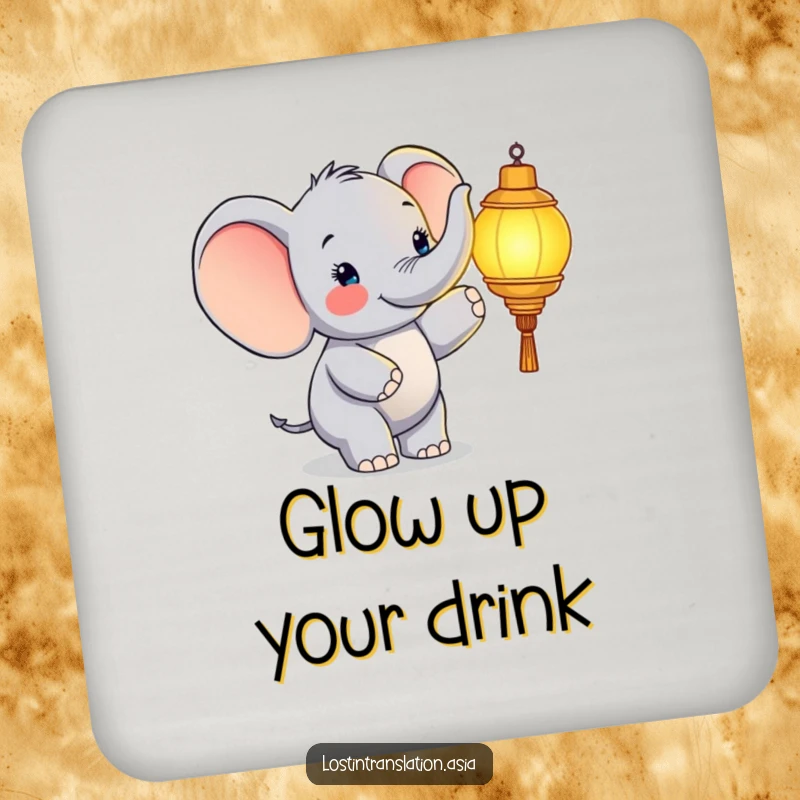 Funny elephant coaster, character pointing at glowing lantern, happy, protecting surfaces, funny gift.