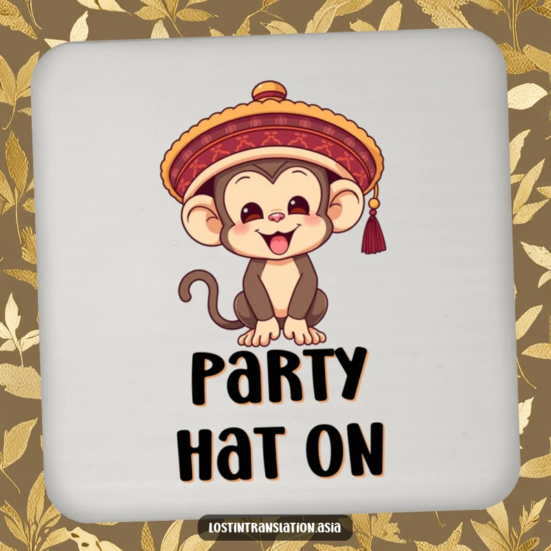 Funny Monkey Coaster, comically struggling with a large hat, a humorous and practical table protector.
