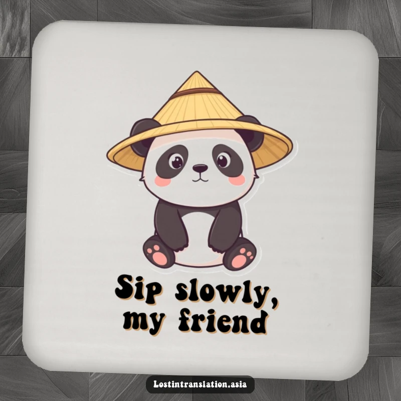 Funny panda coaster, character wearing conical straw hat, curious, protecting surfaces, funny gift.