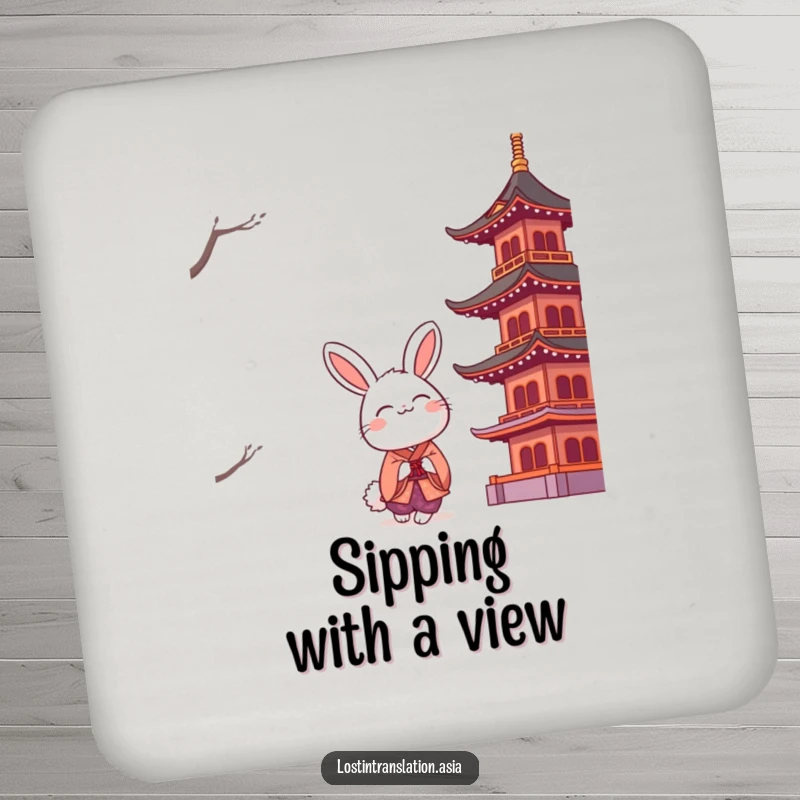 Funny rabbit in a kimono looking up at a stylized pagoda on protective coasters, blending art and function.