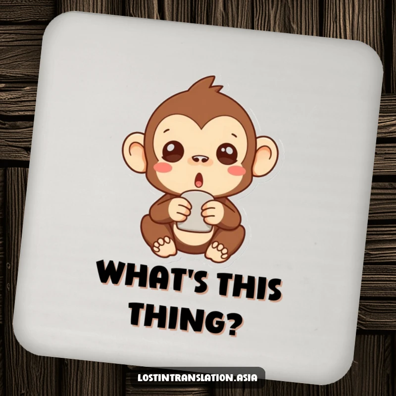 Funny surprised monkey coasters featuring a stylized primate in comical shock holding an unknown item, protecting surfaces humorously.