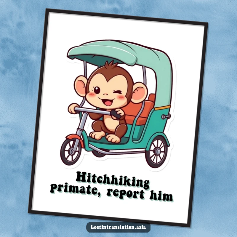 Funny monkey poster, character hailing a rickshaw, mischievous, urban art, funny gift.
