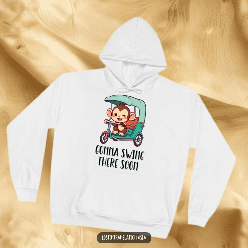 Funny monkey hoodie, character trying to hail a rickshaw, warm and cozy, adventurous, funny gift.