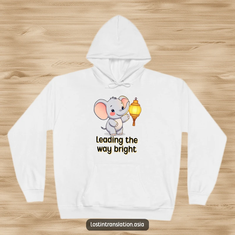 Funny elephant hoodie, character pointing at glowing lantern, happy, warm, cozy, funny gift.