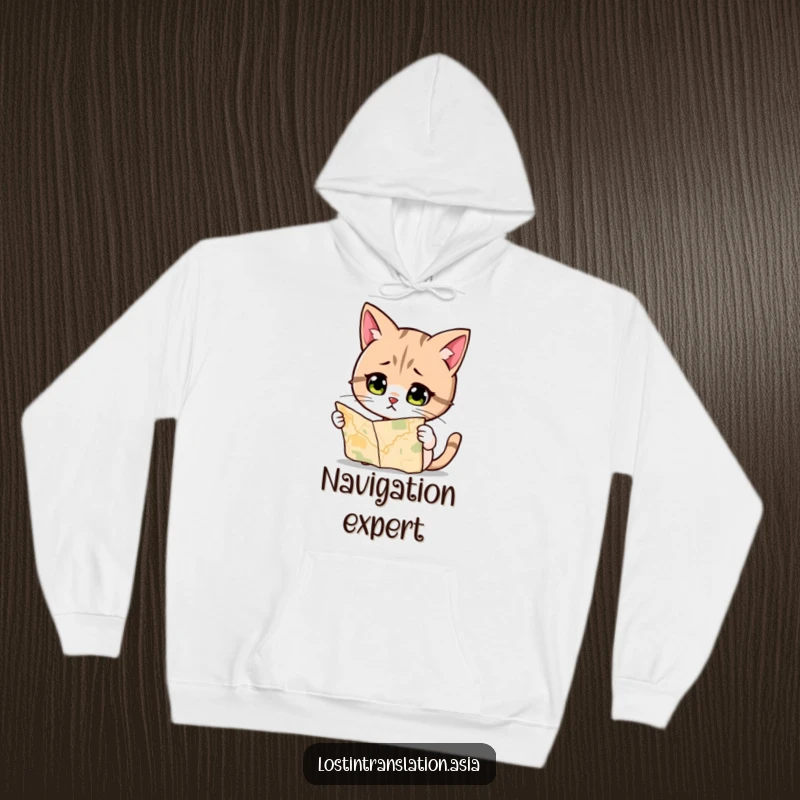 Funny Cat Hoodie, with a quizzical look at a map, blending warmth with humorous feline navigational struggles.