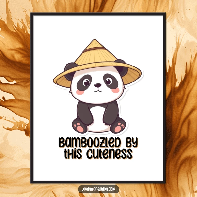 Funny free printable wall art showcasing a curious panda in a conical straw hat, bringing warmth and charm.