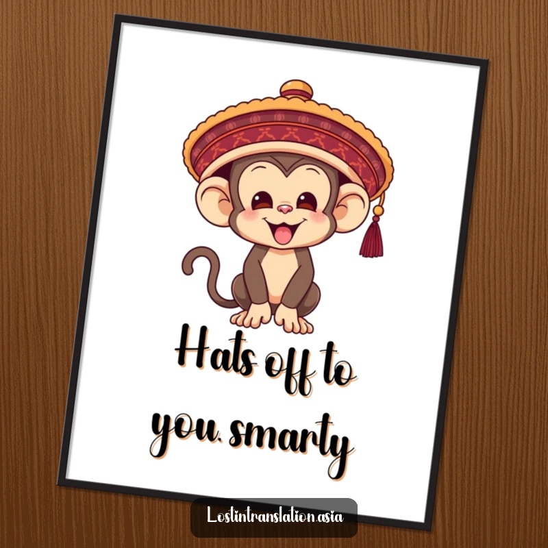 Funny Free Printable Wall Art: A monkey humorously attempts to wear a giant traditional hat, adding a comical and playful touch to decor.