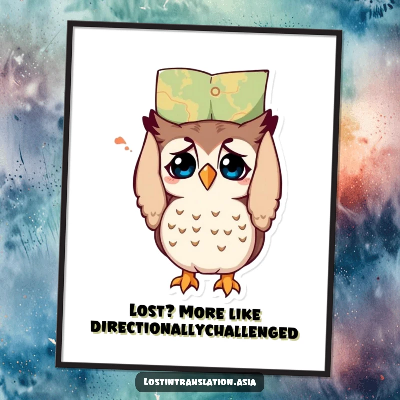 Funny free printable wall art of a confused owl holding an upside down map, adding a humorous touch.