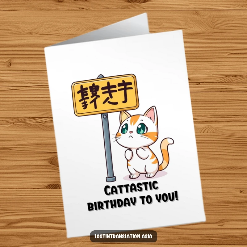 Funny free printable birthday card showing a startled cat looking utterly bewildered at a confusing, busy street sign.