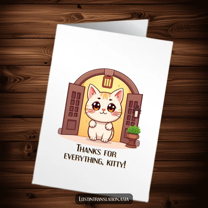 Funny Free Printable Cat Thank You Card: Round cat with big eyes peeking from a doorway.