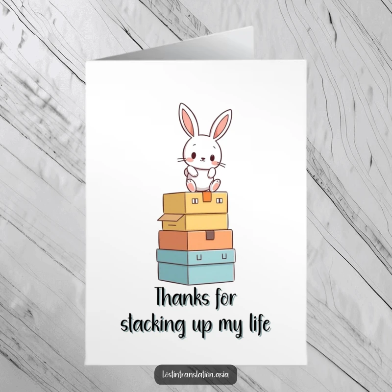 Funny Free Printable Thank You Card depicting a rabbit hilariously losing balance on a tower of boxes, a comical way to say thanks.