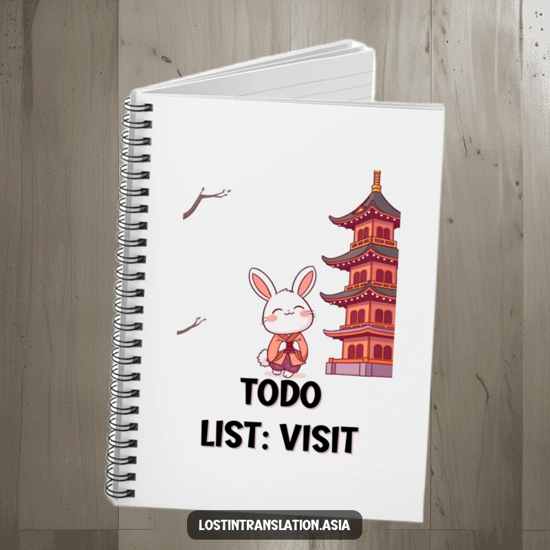 Funny smiling rabbit in a kimono looking up at a giant stylized pagoda, a beautiful and humorous notebook design.