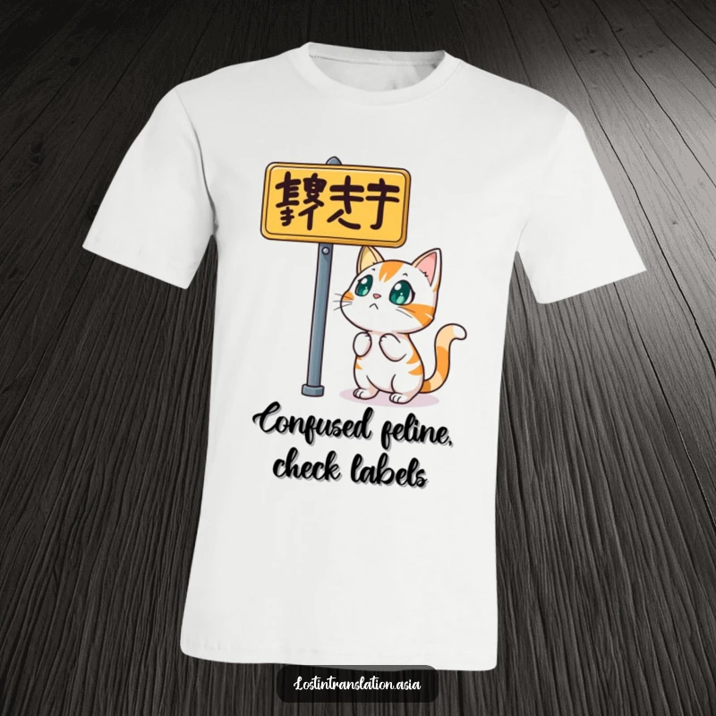 Funny cat t-shirt, character looking bewildered at busy street sign, startled, urban chaos, great funny gift.