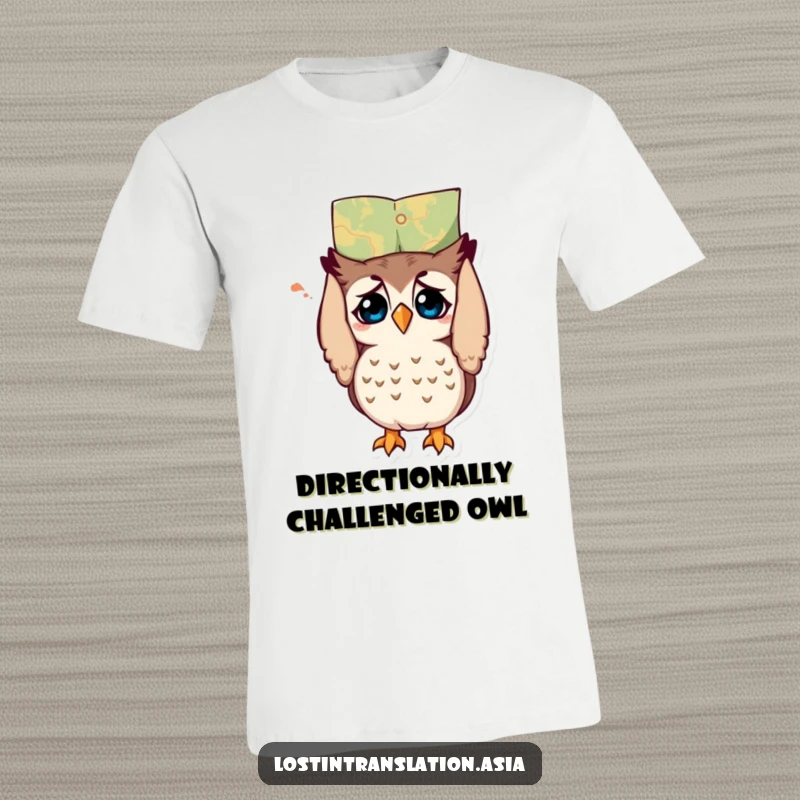 Funny owl t-shirt, character holding map upside down, looking puzzled, great funny gift.
