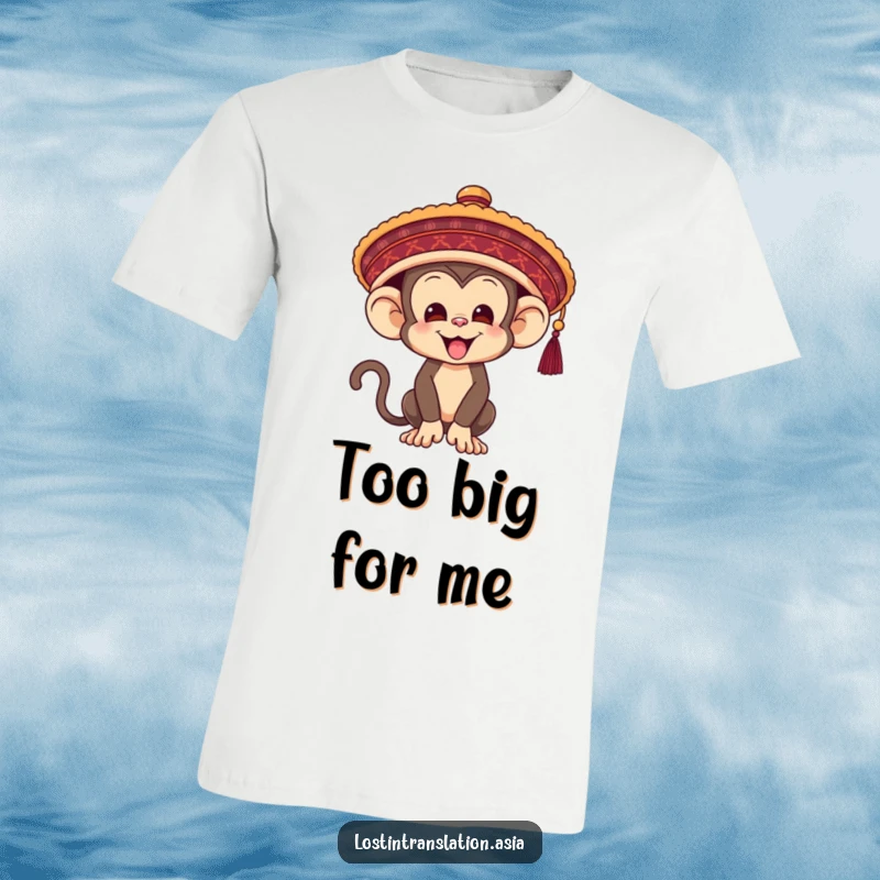 Funny Monkey T-Shirt, struggling adorably with an oversized traditional hat, a humorous and relatable fashion statement.
