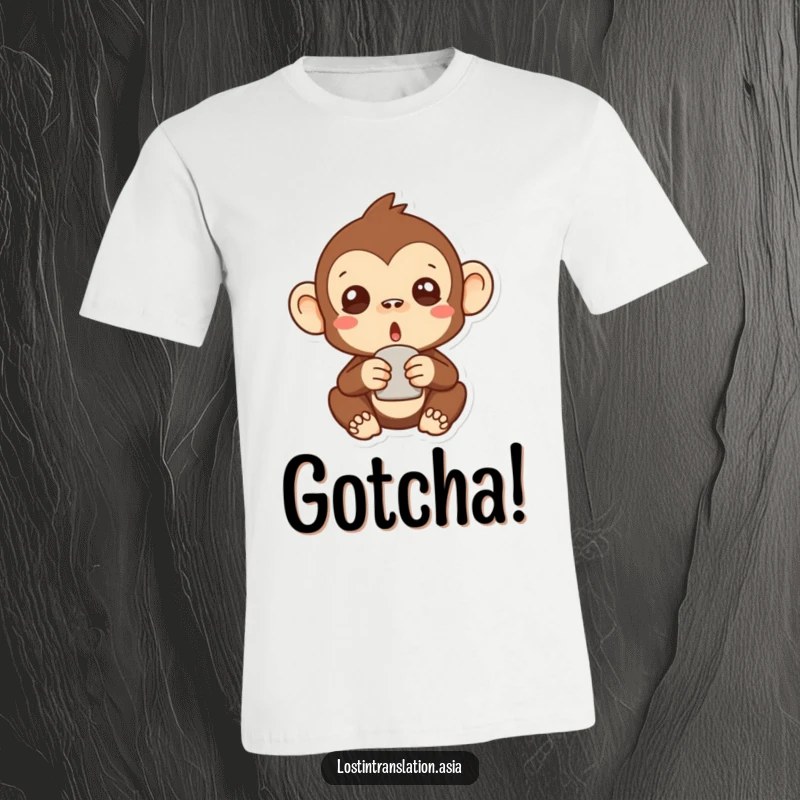 Funny surprised monkey t-shirt with a cute stylized character holding an unknown object, expressing shock and bewilderment humorously.