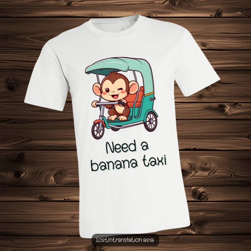 Funny monkey t-shirt, character hailing a rickshaw, playful, adventurous, great funny gift.