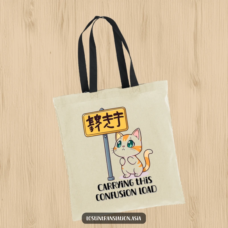Funny cat tote bag, character bewildered by street sign, urban exploration, practical funny gift.