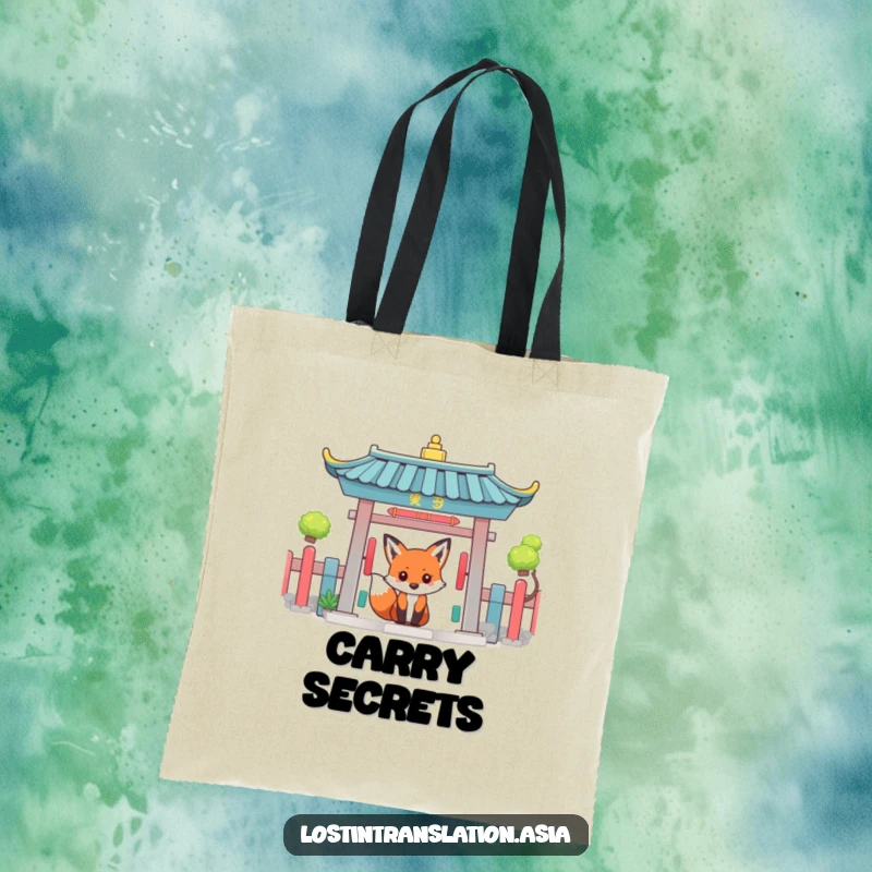 Funny fox peeking around a colorful temple gate, printed on a stylish and humorous tote bag.