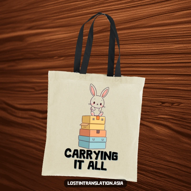 Funny rabbit struggling to balance on a pile of mysterious boxes, featured on a durable tote bag.