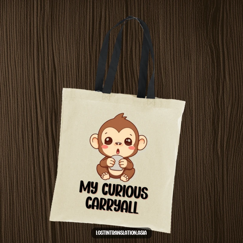Funny surprised monkey tote bag showcase a stylized primate holding an unfamiliar object with a comical expression of shock.